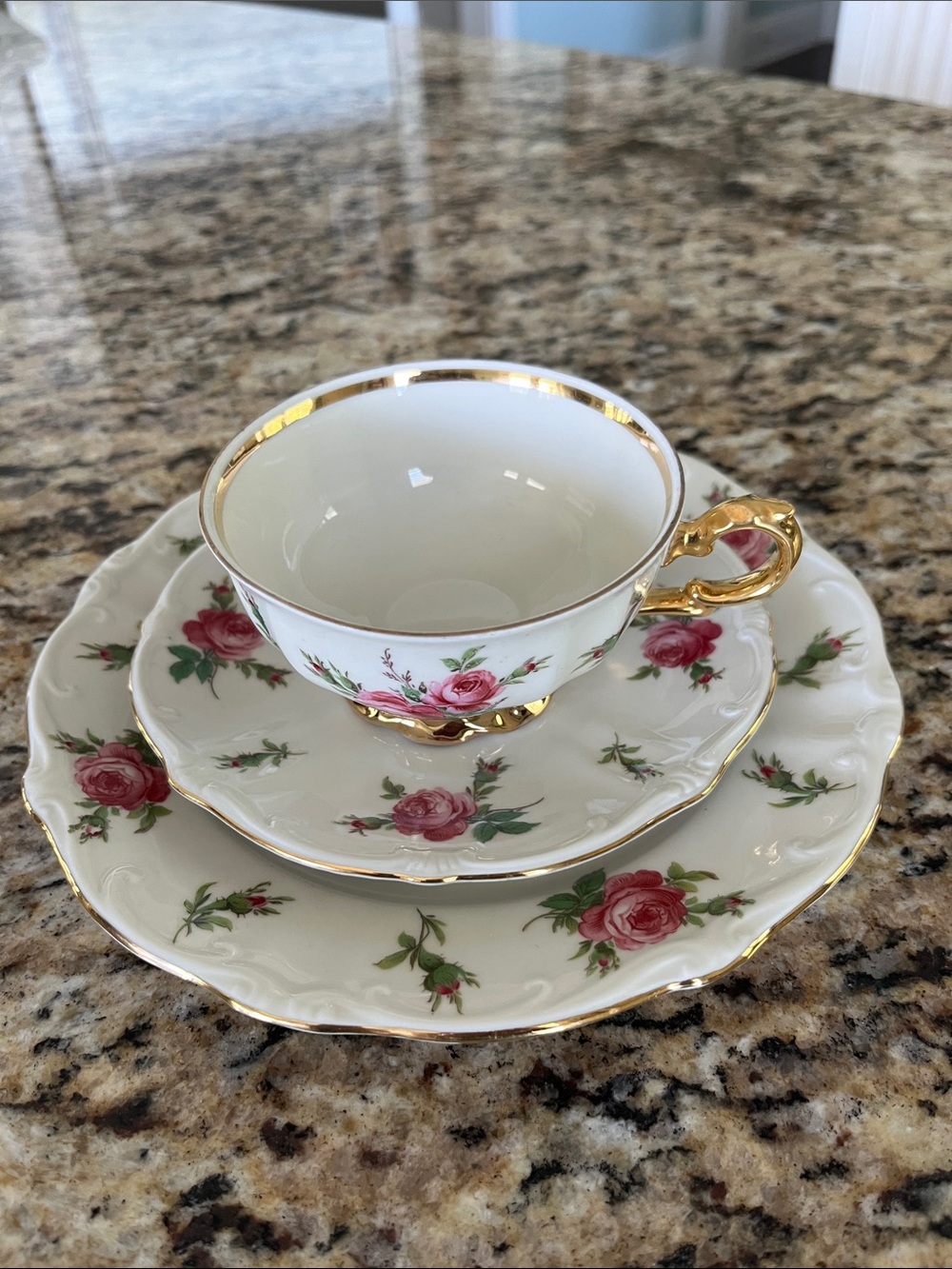 Fine Porcelain White Tea Cup & Saucer Set with Pink Rose and Gold Trim